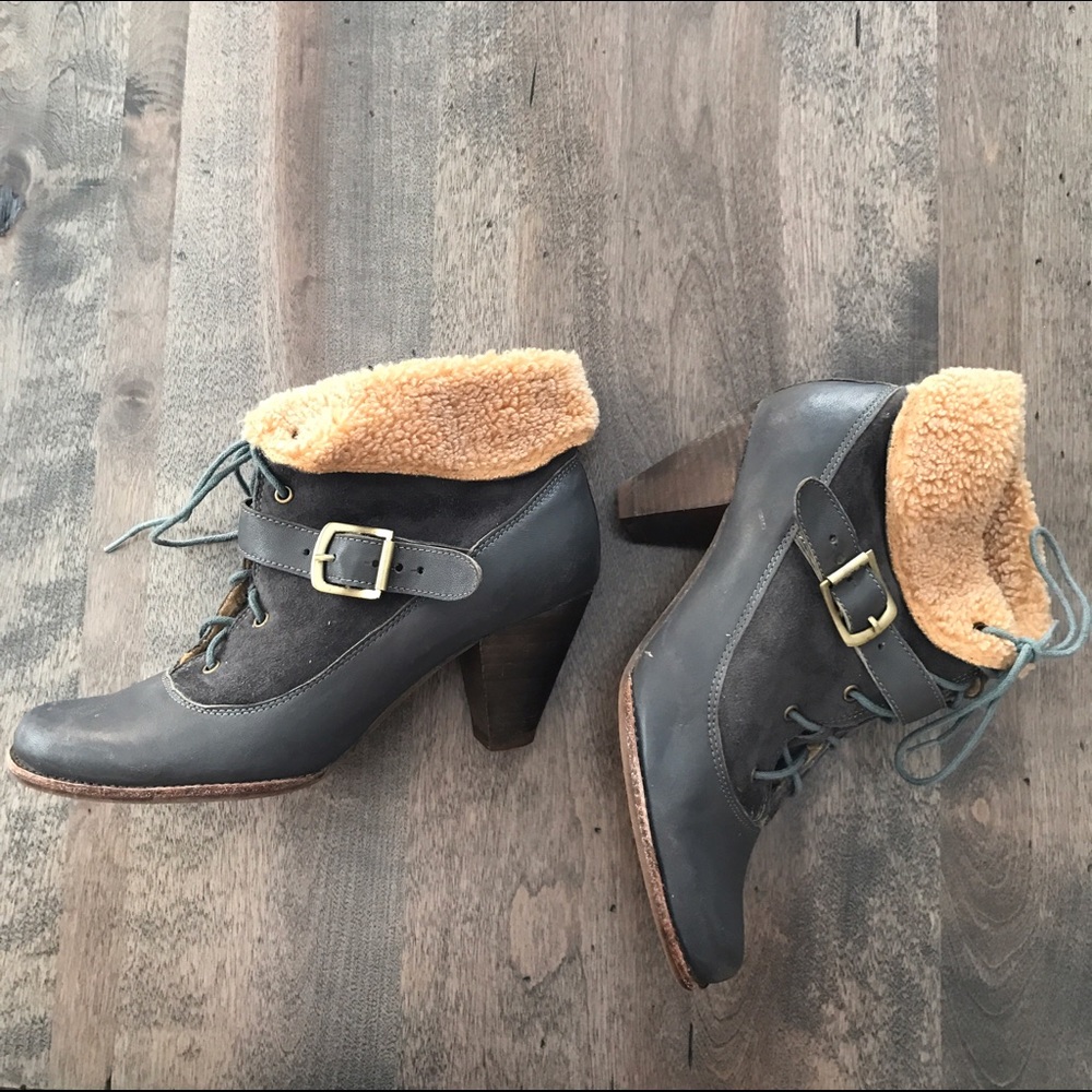 Jeffrey Campbell slate blue and tan fur booties - lace up shearling heeled boot